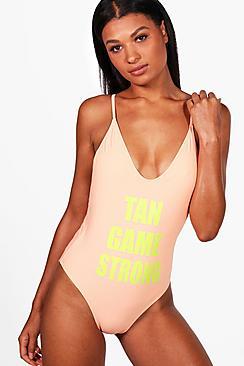 Boohoo Auckland Tan Game Slogan High Leg Swimsuit
