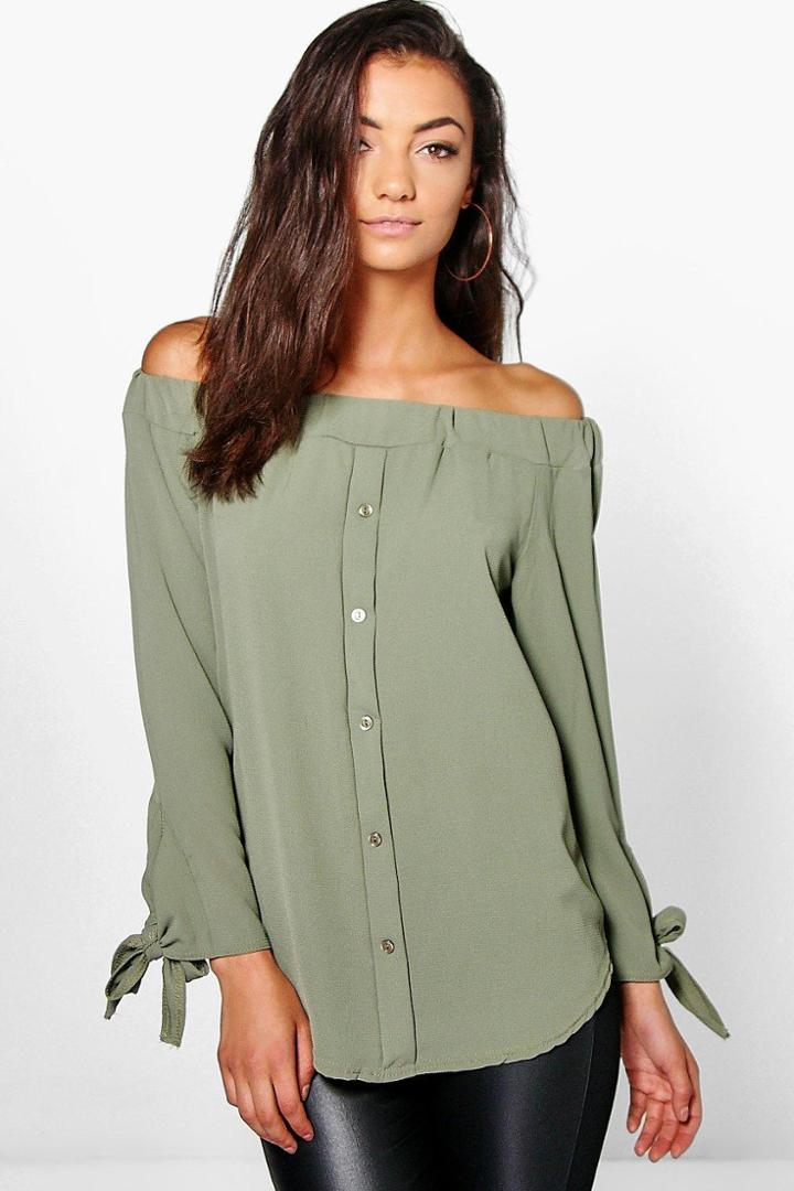 Boohoo Tall Marea Off The Shoulder Woven Top Khaki
