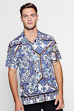 Boohoo Tapestry Print Short Sleeve Revere Shirt