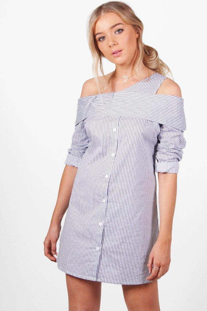 Boohoo Sabrina Stripe Off Shoulder Shirt Dress Blue