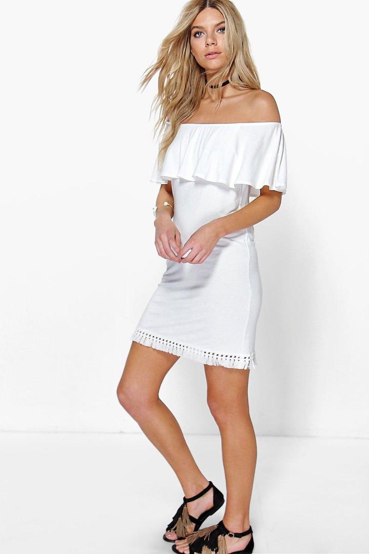 Boohoo Micha Tassel Trim Off The Shoulder Dress Cream
