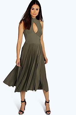 Boohoo Sally Keyhole Pleated Slinky Midi Dress