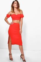 Boohoo Mia Sweetheart Ruched Off The Shoulder Top & Skirt Coral