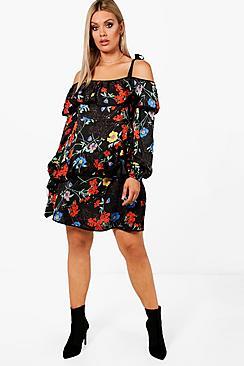 Boohoo Plus Cally Shoulder Floral Ruffle Dress