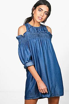 Boohoo Zena Ruffle Off The Shoulder Denim Dress