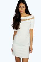 Boohoo Lily Lace Up Eyelet Off Shoulder Bodycon Dress Ivory