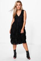 Boohoo Plus Anne Embroidered Lace Midi Skater Dress Black