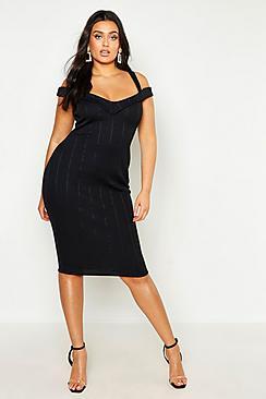 Boohoo Plus Double Strap Bardot Bandage Midi Dress