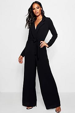 Boohoo Wide Leg Lapel Wrap Belted Jumpsuit