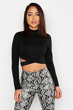 Boohoo High Neck Long Sleeve Cut Out Crop