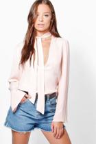 Boohoo Poppy Pussy Bow Plunge Blouse Nude