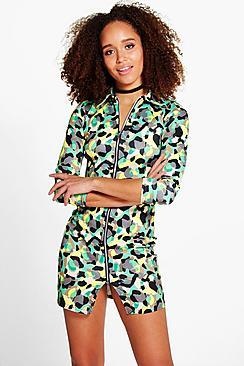 Boohoo Francesca Camo Zip Front Dress