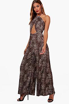Boohoo Keeley High Neck Leopard Print Jumpsuit