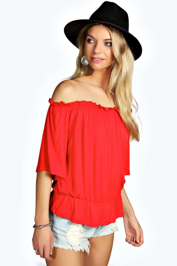 Boohoo Keira Shirred Off The Shoulder 1/2 Sleeve Top Orange
