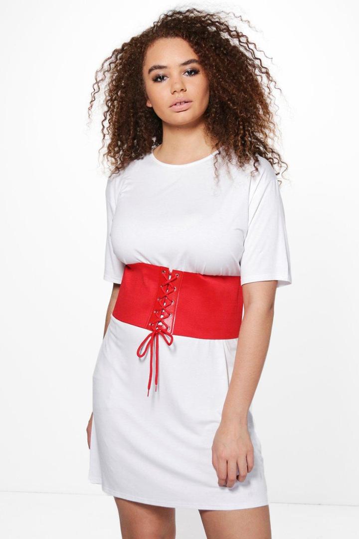Boohoo Plus Cerys High Waist Belted T-shirt Dress White