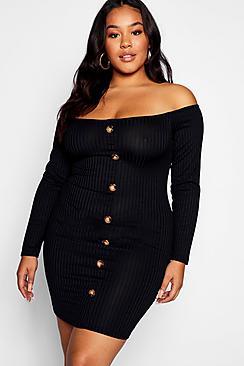 Boohoo Plus Horn Button Knitted Bardot Dress