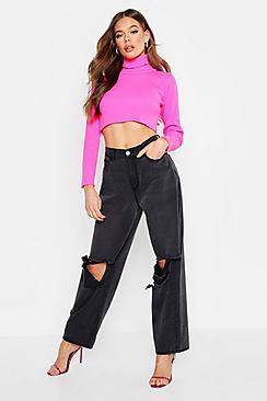 Boohoo Mid Rise Washed Black Distressed Boyfriend Jean