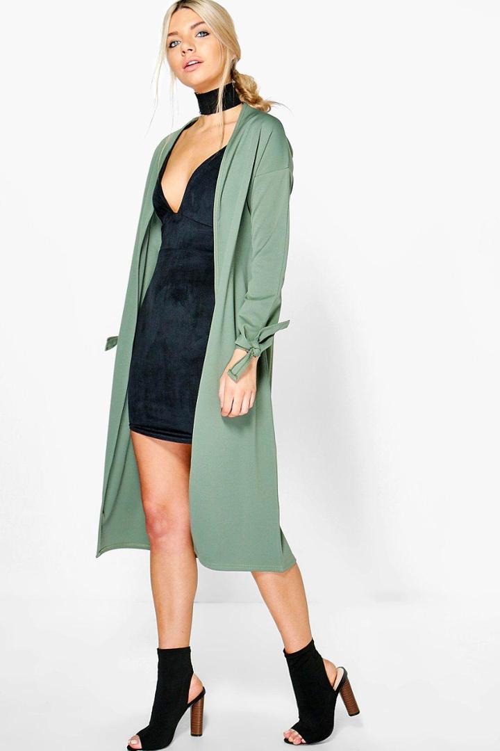 Boohoo Zoe Tie Cuff Collarless Duster Khaki