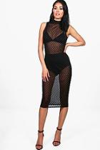 Boohoo Lola Mesh Grid Print High Neck Midi Dress
