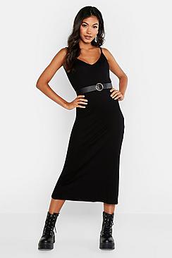 Boohoo V Neck Strappy Rib Midaxi Dress