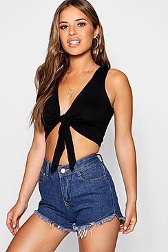 Boohoo Petite Knot Front Crop Top