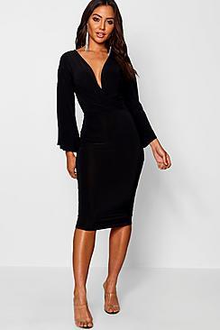 Boohoo Josie Wrap Flared Sleeve Midi Dress