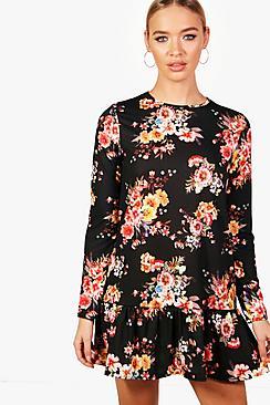 Boohoo Joy Floral Long Sleeve Drop Hem Shift Dress