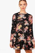 Boohoo Joy Floral Long Sleeve Drop Hem Shift Dress