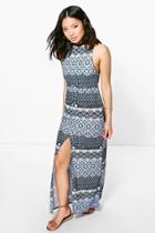 Boohoo Petite Louella Printed Split Front Maxi Dress Blue