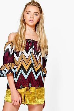 Boohoo Daisy Chevron Printed Bardot Top