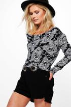 Boohoo Jasmin Paisley Print Cowl Front Crop Black