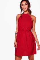 Boohoo Petite Poppy Pom Pom Trim Woven Sun Dress Raspberry