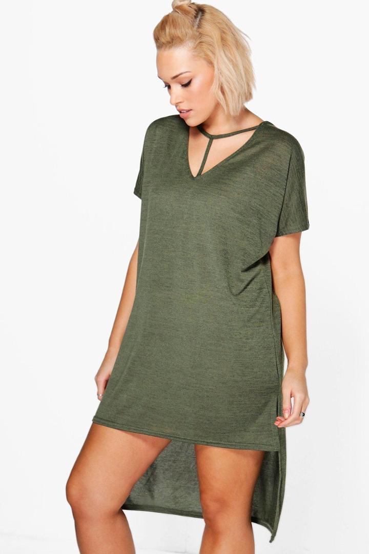 Boohoo Plus Sara Strap Detail Dip Hem Tunic Dress Khaki