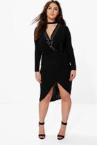Boohoo Plus Lana Wrap Front Stud V Neck Midi Dress Black