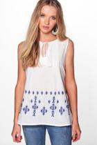 Boohoo Maria Embroidered Woven Tunic Top Blue