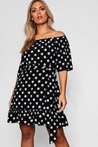 Boohoo Plus Woven Off Shoulder Polka Dot Mini Dress