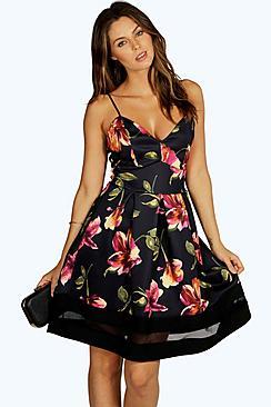 Boohoo Matilda Floral Mesh Insert Skater Dress