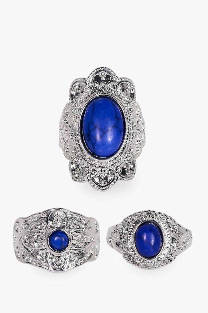 Boohoo Brooke Boho Stone Cuff & Ring Set 4 Pcs Silver
