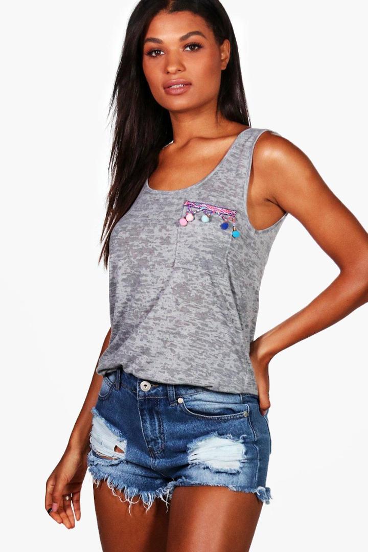 Boohoo Iris Pom Pom Pocket Jersey Beach Tank Top Grey