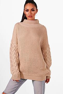 Boohoo Emmy Oversized Roll Neck Cable Sleeve Knitted Jumper