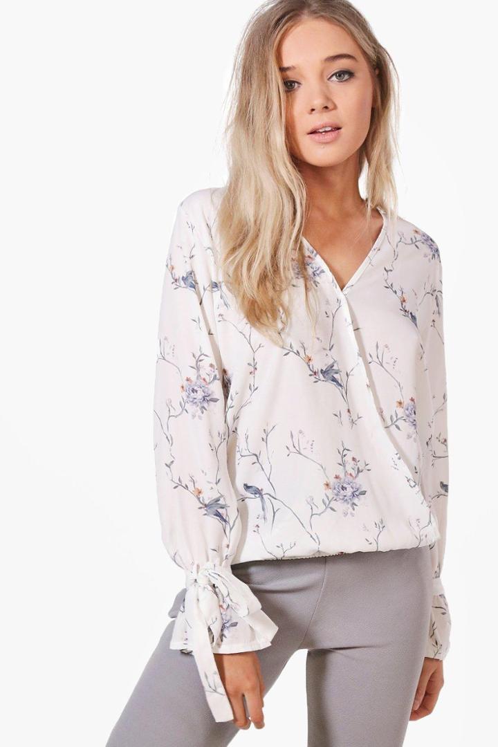 Boohoo Jennifer Printed Wrap Over Blouse Cream