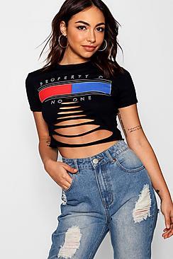 Boohoo Ripped Detail Slogan Crop Top