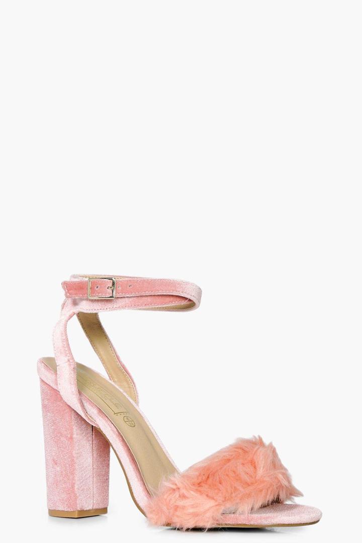 Boohoo Jessica Fur Trim Two Part Block Heel Pink