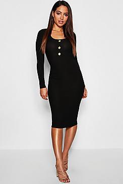 Boohoo Ribbed Long Sleeve Bodycon Midi Dress With Buttons