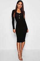 Boohoo Ribbed Long Sleeve Bodycon Midi Dress With Buttons