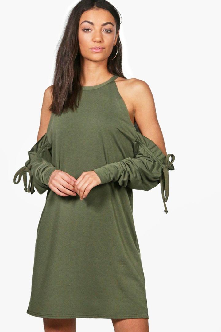 Boohoo Tall Grace Cold Shoulder Sweat Dress Khaki