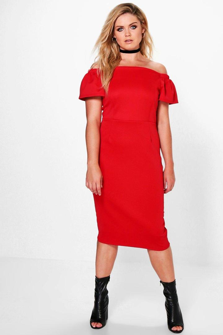 Boohoo Plus Ashlee Off The Shoulder Midi Dress Red