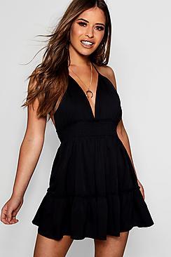 Boohoo Petite Tilly Ruched Waist Frill Halterneck Beach Dress