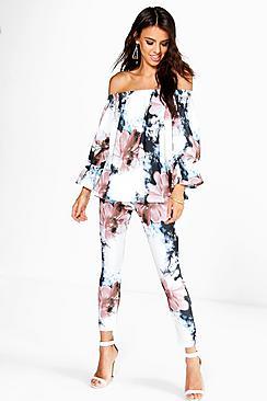 Boohoo Bonnie Floral Off The Shoulder Top + Skinny Trouser