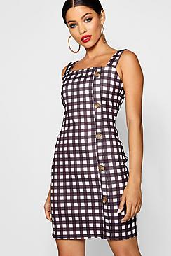 Boohoo Blair Square Neck Button Through Check Shift Dress